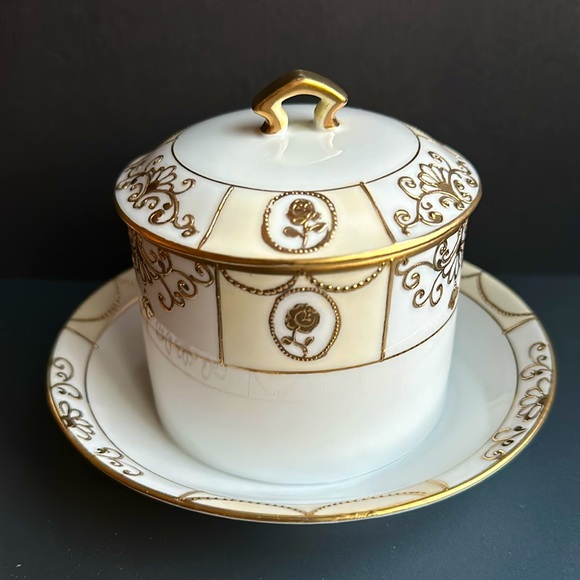 Antique NIPPON Jam Jelly Condiment Bowl w Lid Gold Floral Swags Yellow White Rim